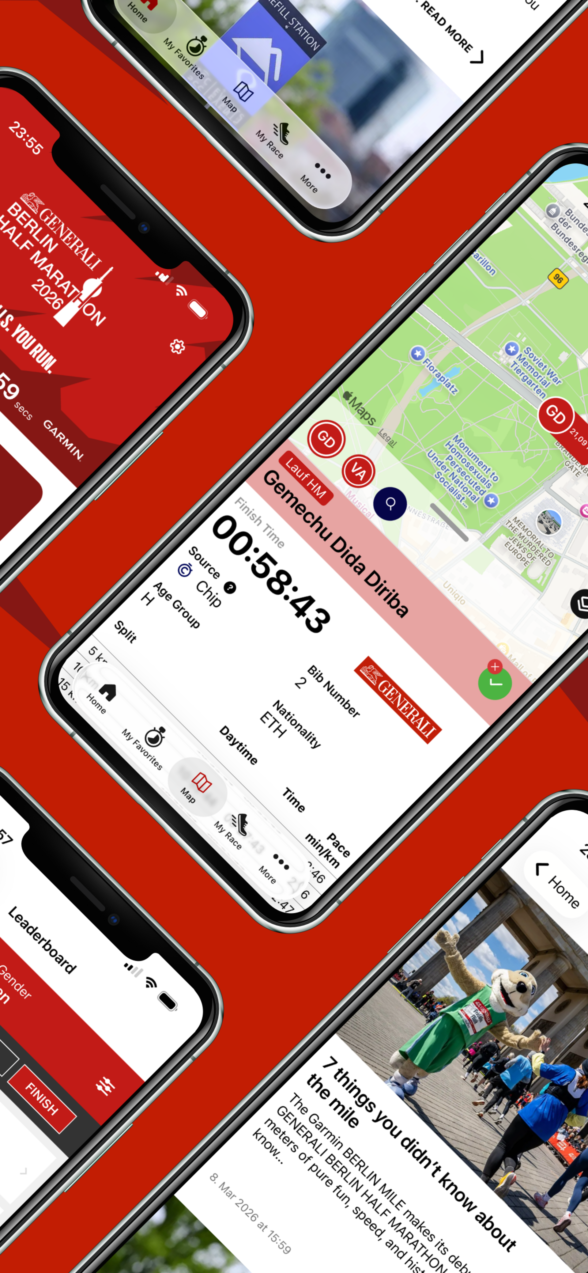 Collage verschiedener Ansichten der Halbmarathon App.