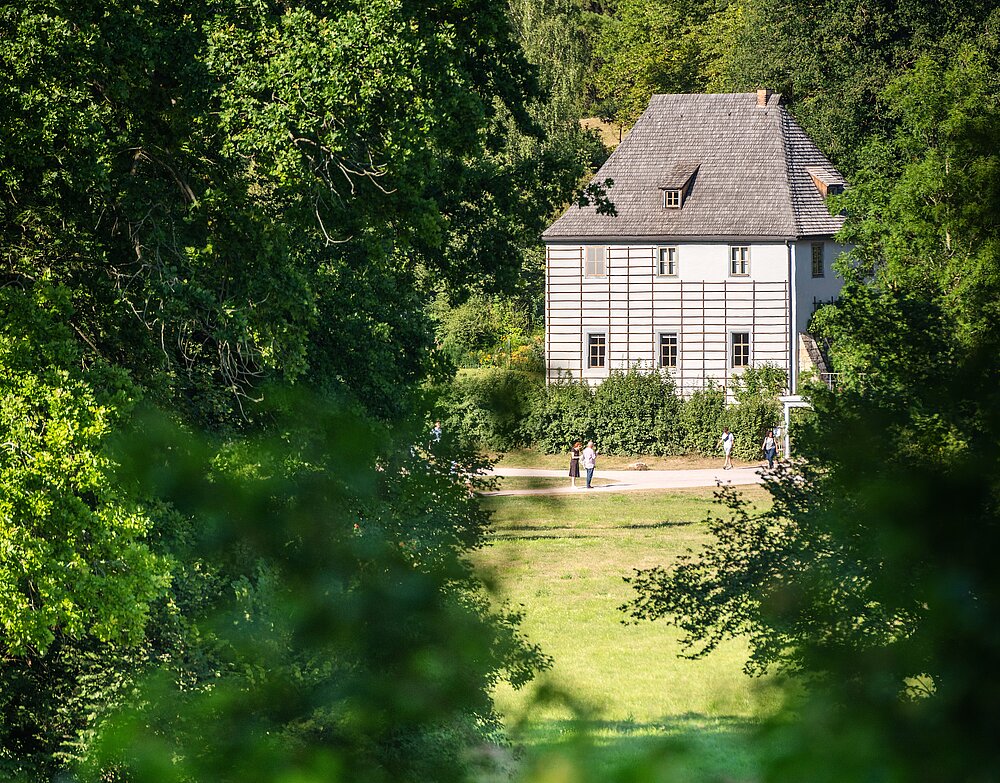 Mehrstöckiges Fachwerkhaus umringt von Wiese und Bäumen.