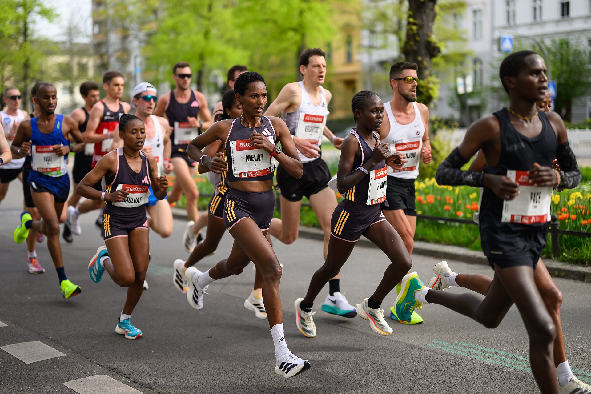 GENERALI BERLINER HALBMARATHON: Gruppe von Elite Laufenden auf der Strecke © SCC EVENTS / Petko Beier